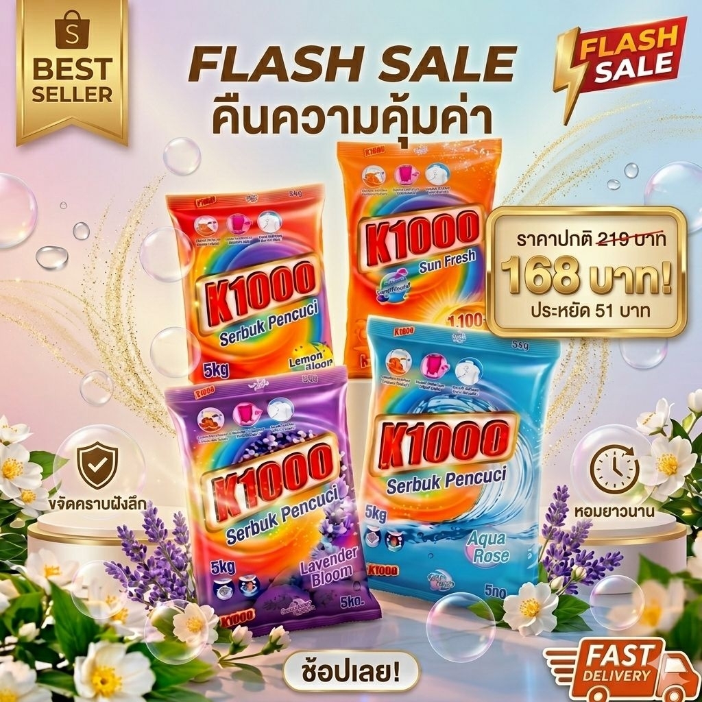 ​[5 กก.] K1000 ผงซักฟอก สูตรขจัดคราบลึก กลิ่นหอมสดชื่น (เลมอน/ลาเวนเดอร์/ส้ม/อควโรส) ซักสะอาดจุใจ ขนาดใหญ่สุดคุ้ม 5kg