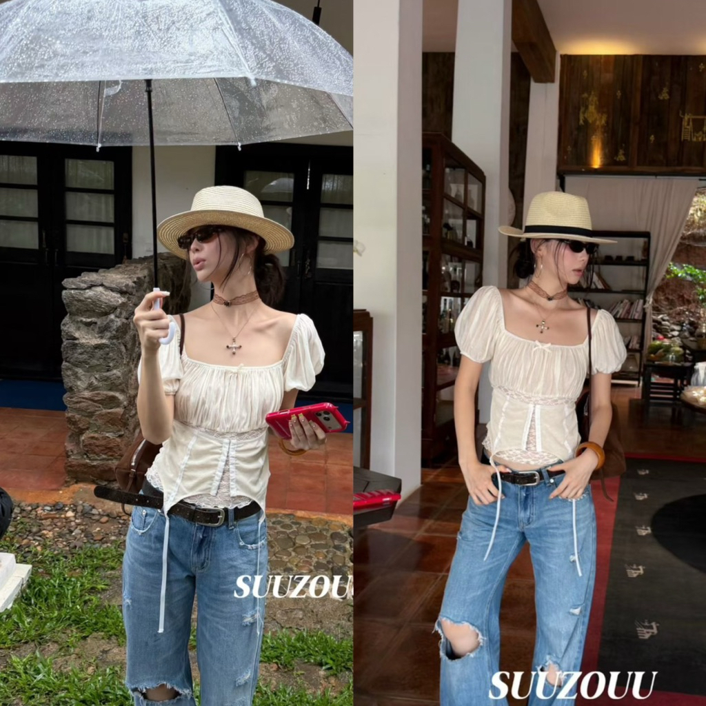 📍พร้อมส่ง📍SU311 26C 🇰🇷เสื้อคอกว้าง แขนตุ๊กตา ช่วงเอวแต่งผ้ามีตะขอ ใส่แล้วดูหุ่นดี ผอมเพรียว Tag MMfish🇰🇷