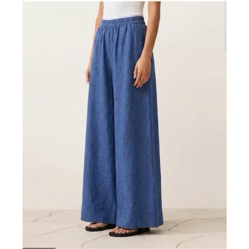 OYSHO Wide lehg trousers กางเกงผ้าลินิน ลายทางสีกรมท่า เอวสูง เอวยืด ผ้านิ่ม ทรงสะโพกปล่อย งานแท้