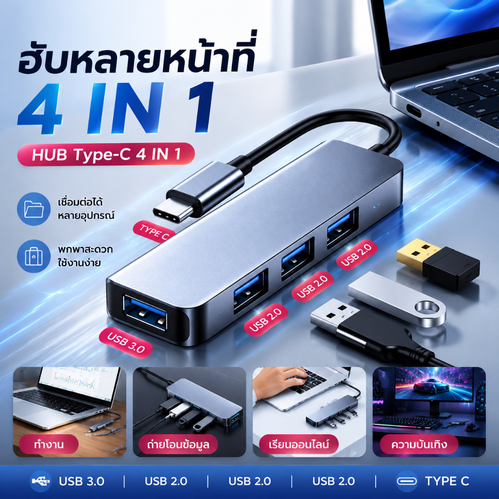 Metavice USB HUB Type-C 4-in-1 ตัวแยกพอร์ต USB 4 ช่อง 1 USB 3.0 + 3 USB 2.0 สำหรับ Laptop Notebook MacBook PC ME006