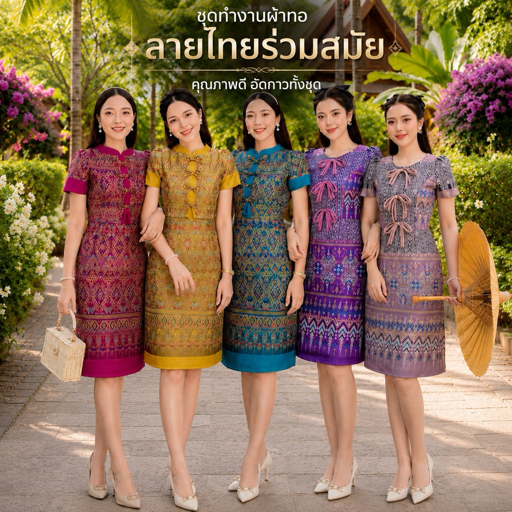 งานรุ่นใหม่ เดรสผ้าทอ  ผ้าทอ แต่งโบว์ อัดกาวทั้งชุด ทรงสวย พร้อมส่ง