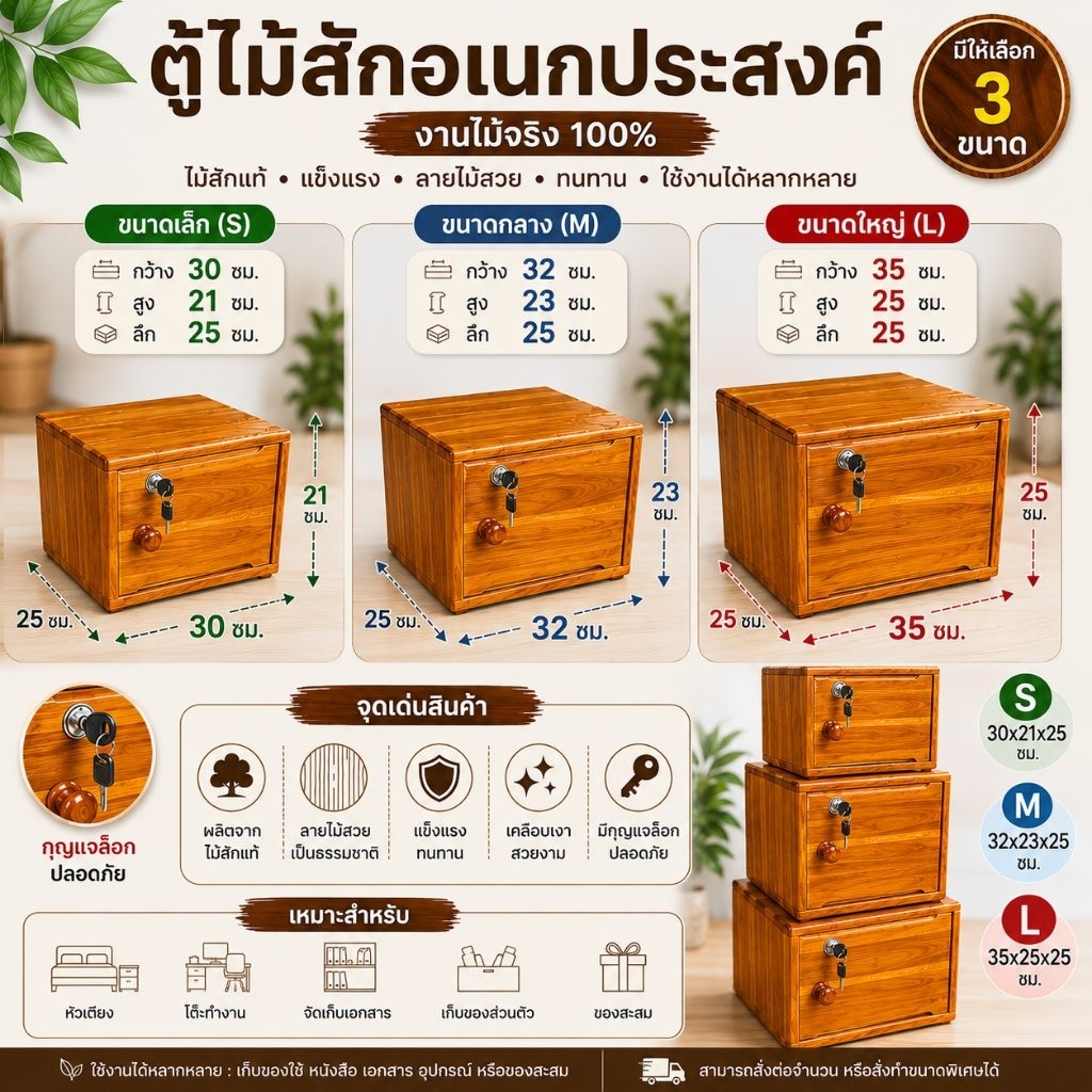 ตู้วางหัวเตียง ตู้เซฟไม้สัก ทำสีสำเร็จ มี3ขนาดให้เลือก