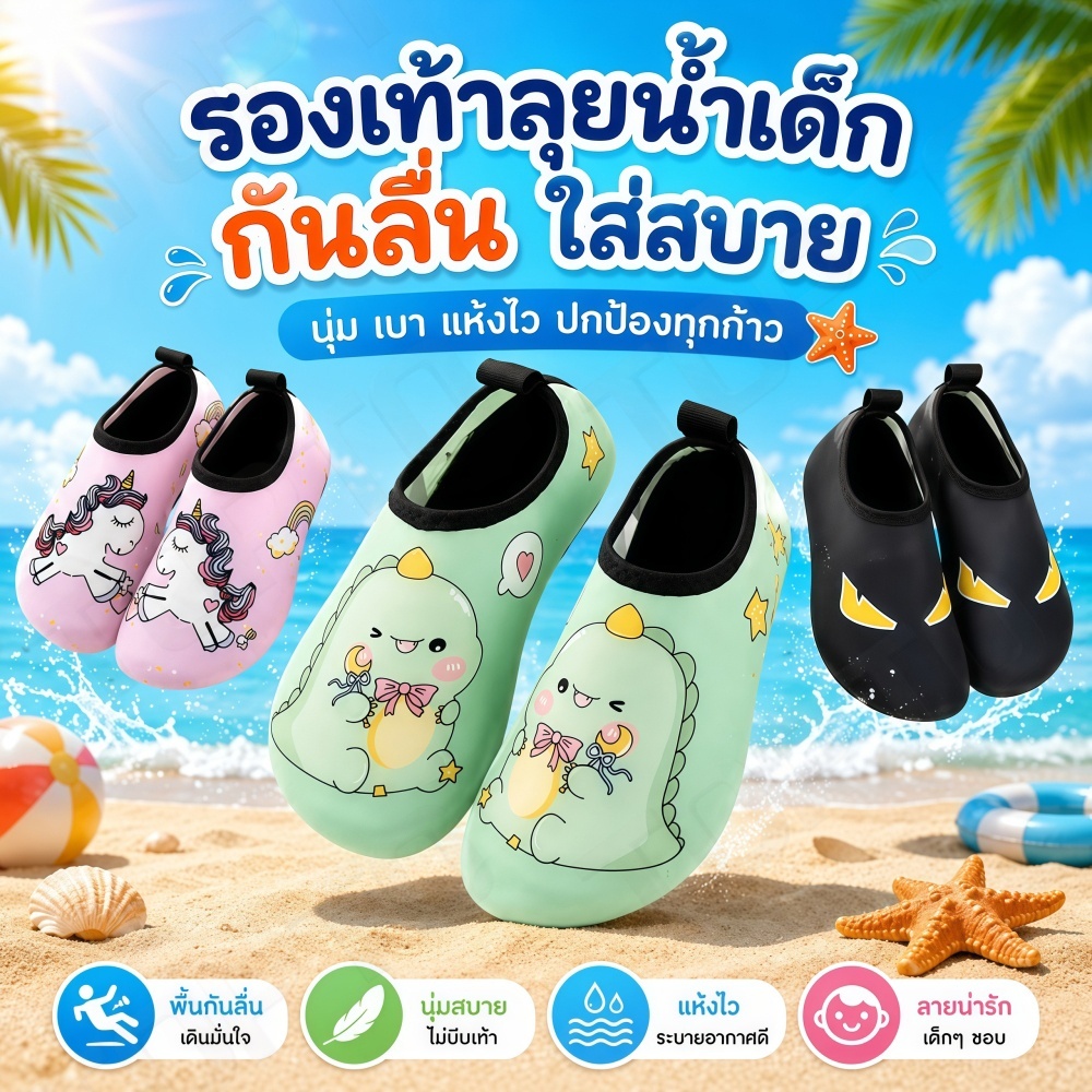 A54-รองเท้าว่ายน้ำเด็ก พื้นยางกันลื่น 360 องศา นุ่มสบาย ใส่เดินชายหาด/สระว่ายน้ำ ไม่เจ็บเท้า รองเท้าหุ้มเท้าเด็กกันลื่น
