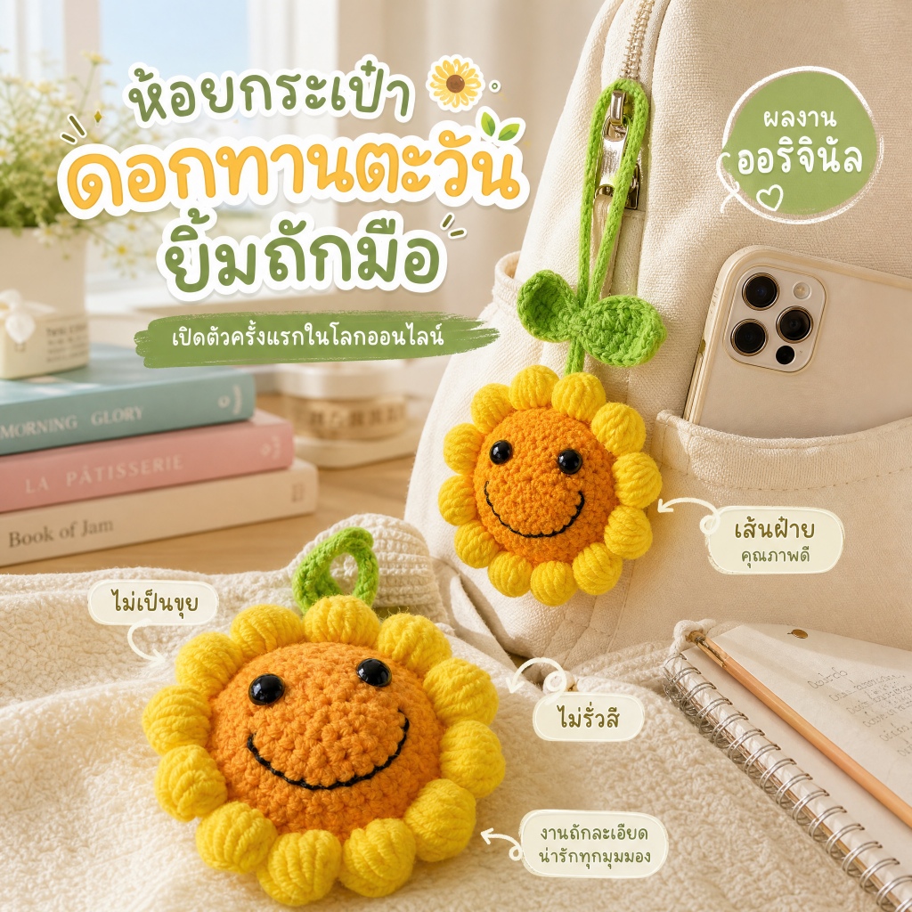 พวงกุญแจทานตะวันถักไหมพรม ตกแต่งกระเป๋าเป้หน้ายิ้มน่ารัก ของขวัญเล็กๆสำหรับสาวๆ