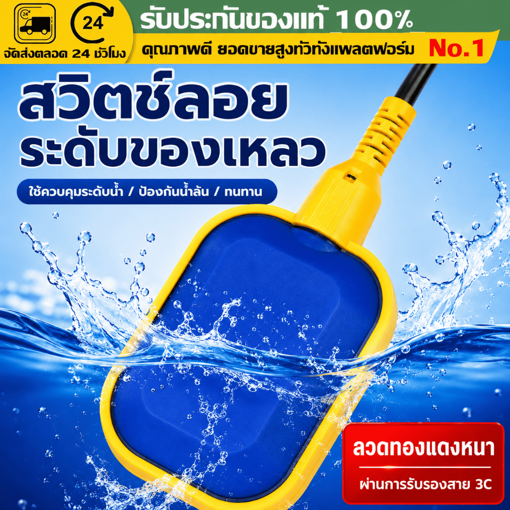 (COD) สวิตช์ลูกลอยไฟฟ้า Float Switch ควบคุมระดับน้ำ 12V 24V 220V 380V สาย 1-15 เมตร พร้อมตุ้มถ่วง กันน้ำ POWERTECH ทนทาน