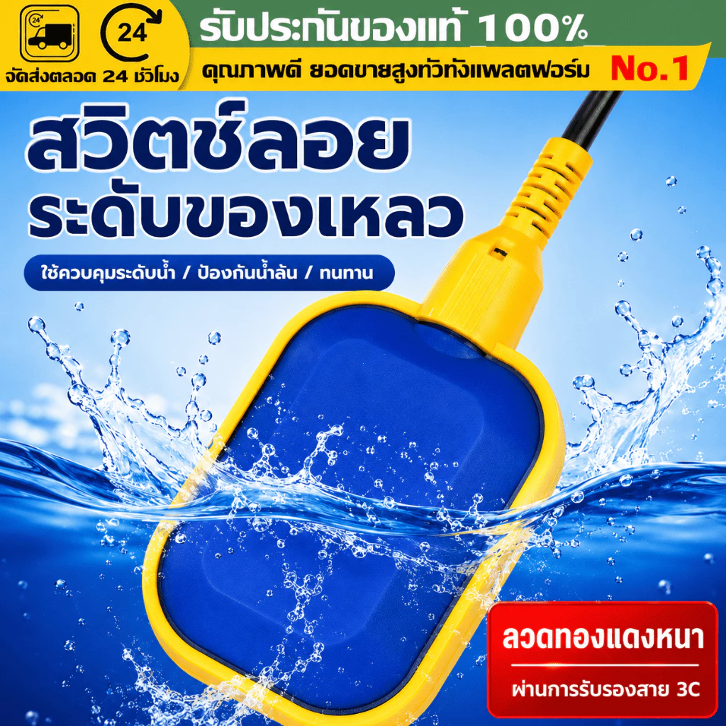 （COD）สวิตช์ลูกลอยไฟฟ้า Float Switch ควบคุมระดับน้ำ 12V 24V 220V 380V สาย 1-15ม. พร้อมตุ้มถ่วง กันน้ำ POWERTECH ทนทาน