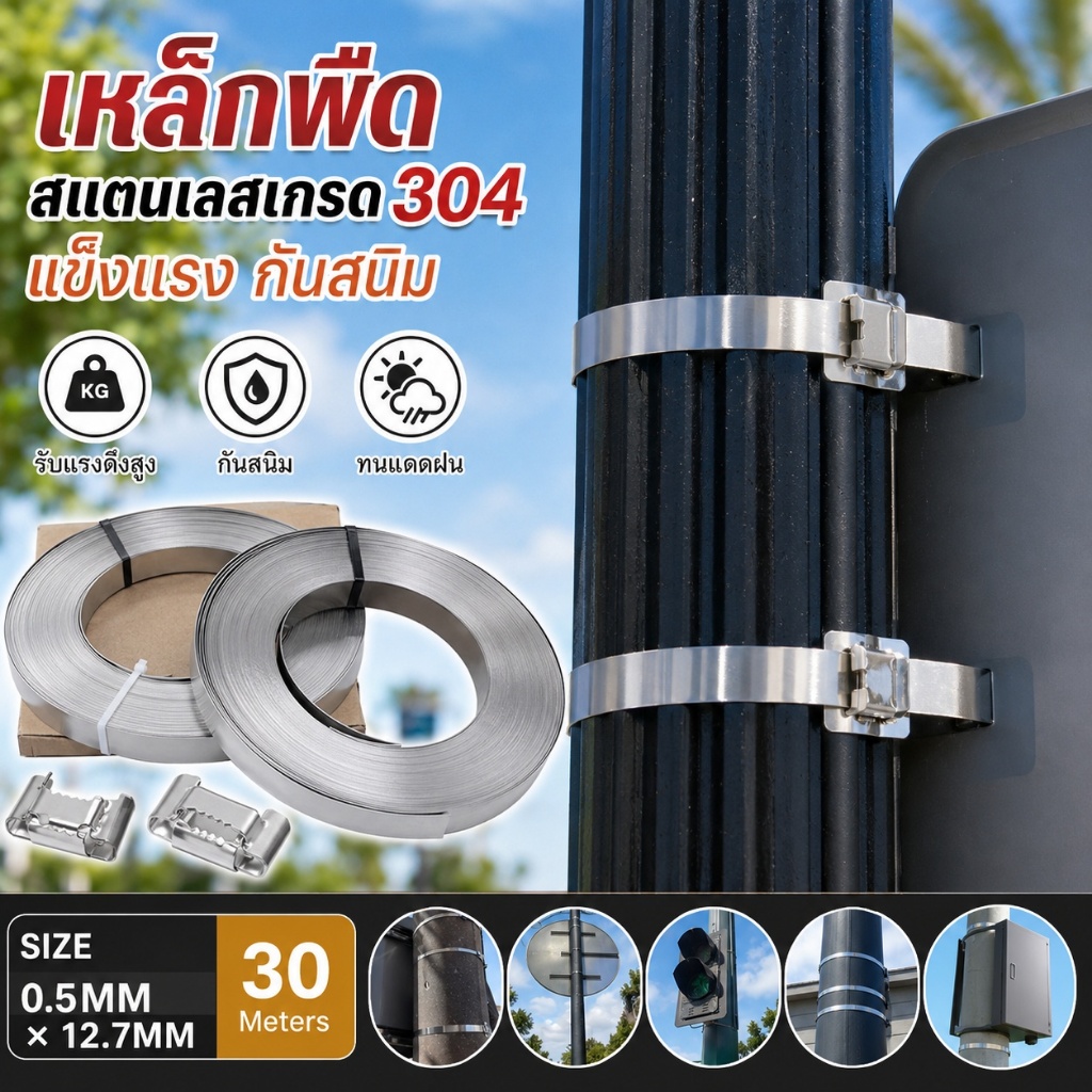 สายรัดสแตนเลส 304 พร้อมตัวล็อก สายรัดเหล็กกันสนิม สำหรับยึดป้าย เสาไฟ กล่องไฟ แข็งแรง ทนทาน 30 เมตร