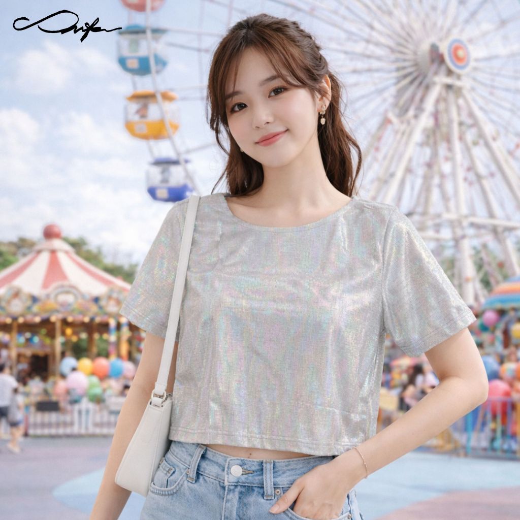 เสื้อครอปผ้าโฮโลแกรม รุ่น Shiny Glow Crop