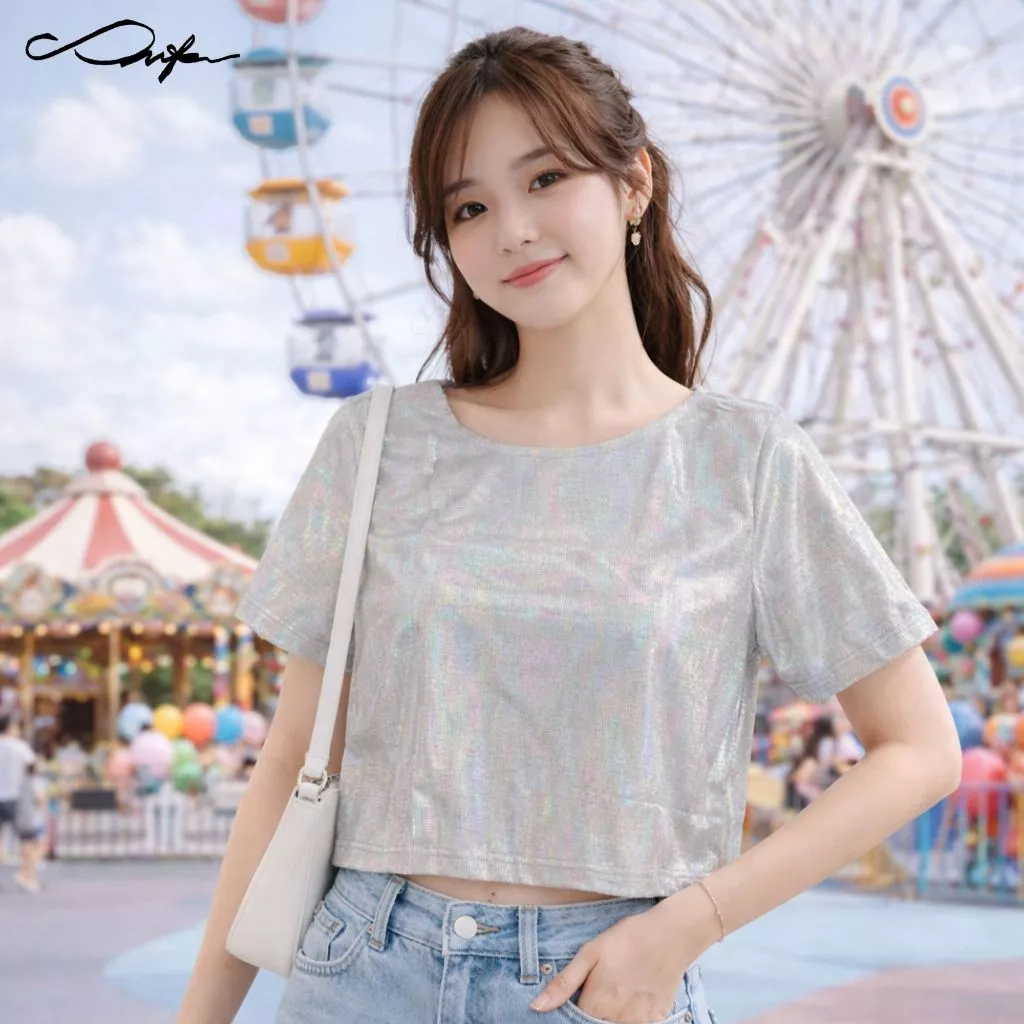 เสื้อครอปผ้าโฮโลแกรม รุ่น Shiny Glow Crop
