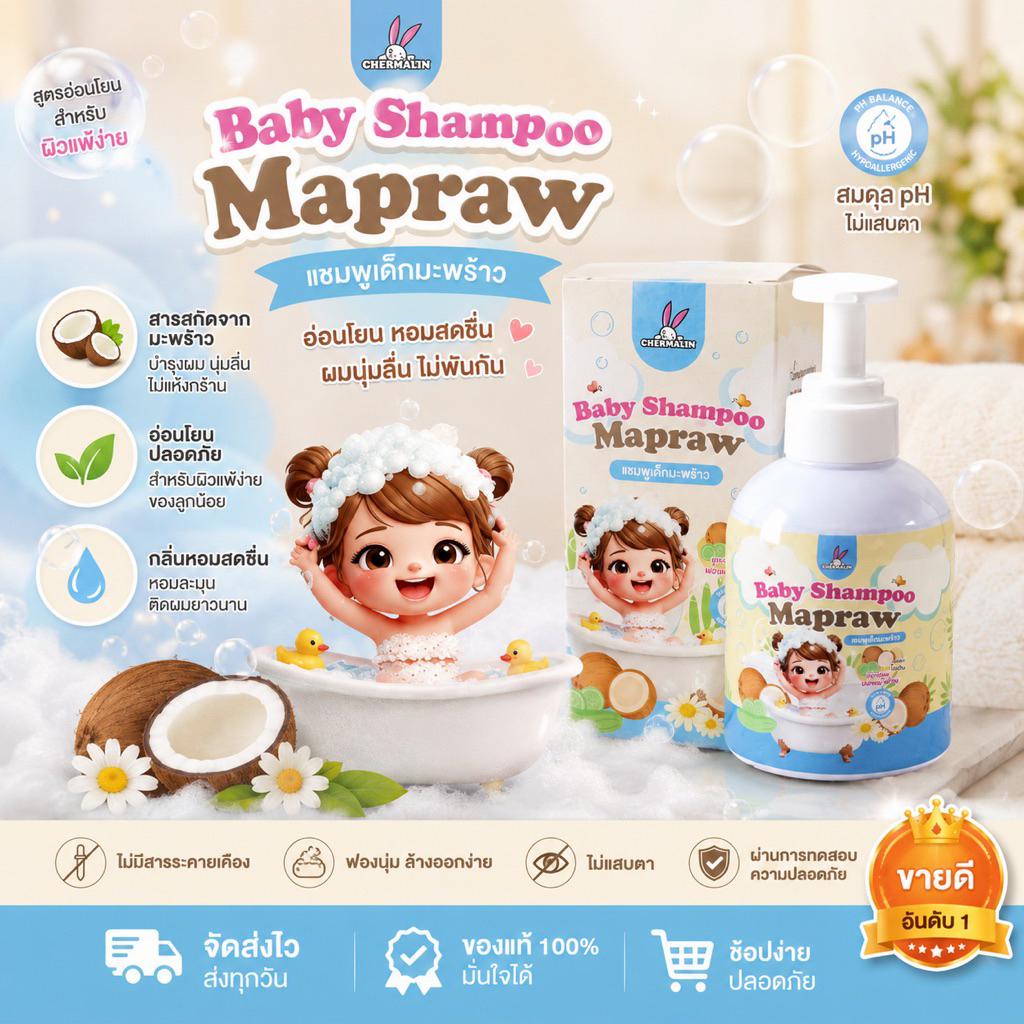 BABY SHAMPOO MAPRAW เหมาะสำหรับผมแห้งกระด้าง เฌอมาลิน เบบี้ แชมพู มะพร้าว 250ml.