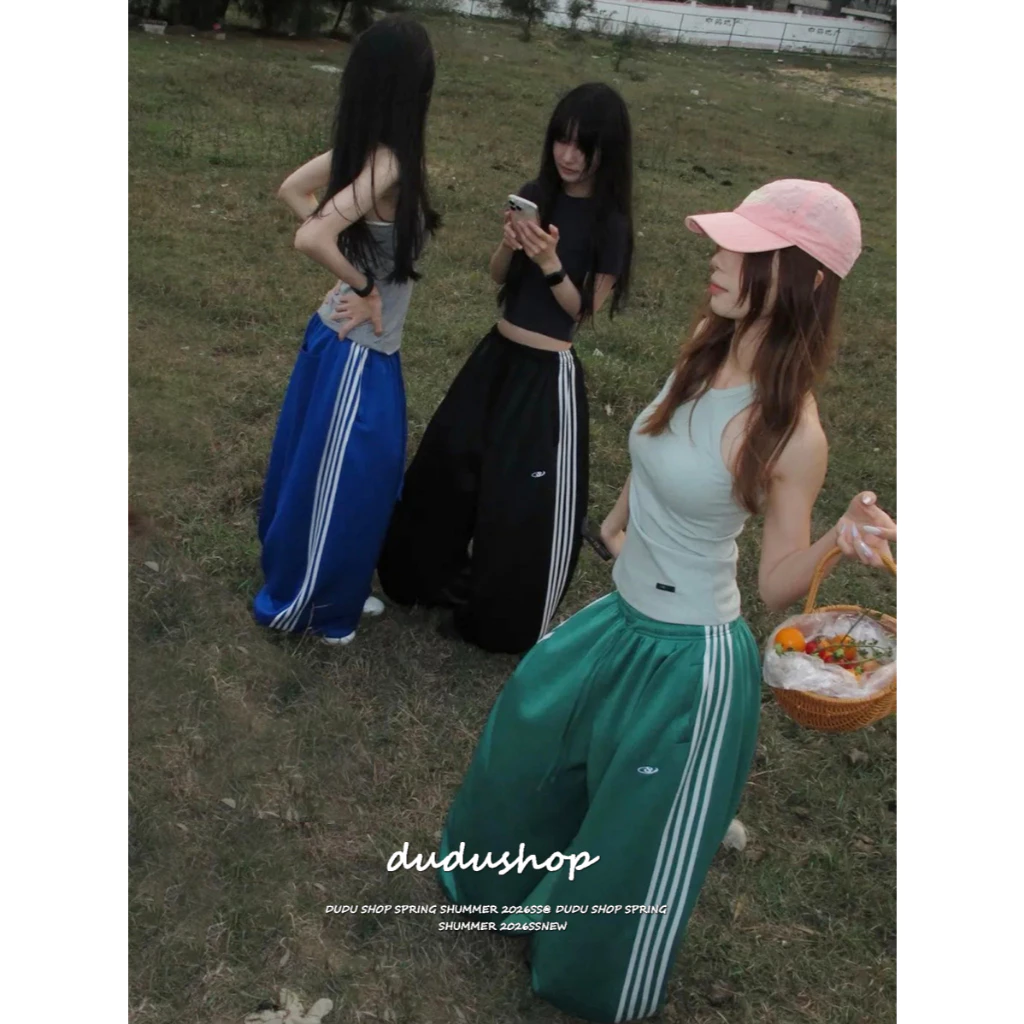 [Embroidered casual striped pants]ฮอลิเดย์ลมกีฬาเทรนด์ผู้หญิงเอวสูงปักลายกางเกงขากว้าง