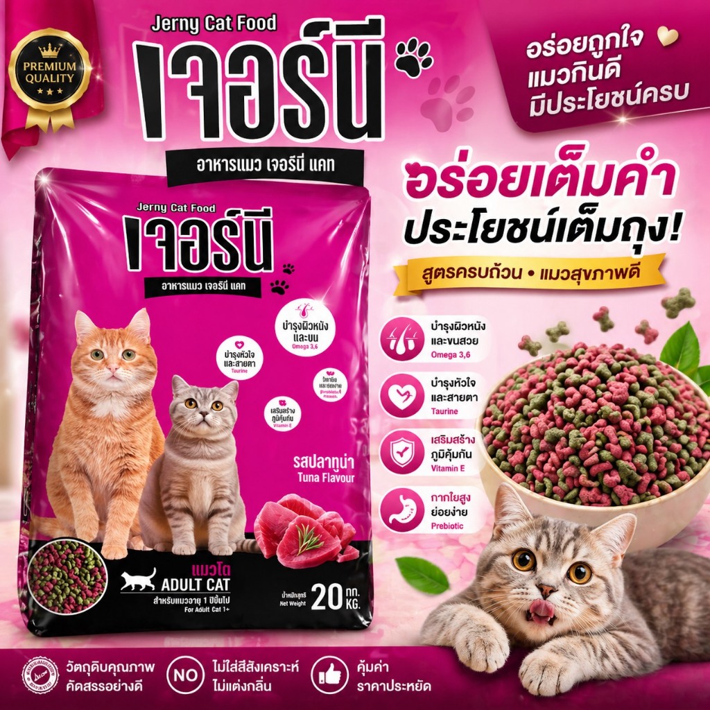 [ 10 Kg ] Jerny เจอร์นี่ อาหารแมว สำหรับ แมวโต รสปลาทูน่า เม็ด 2 สี กินดีกินอร่อย