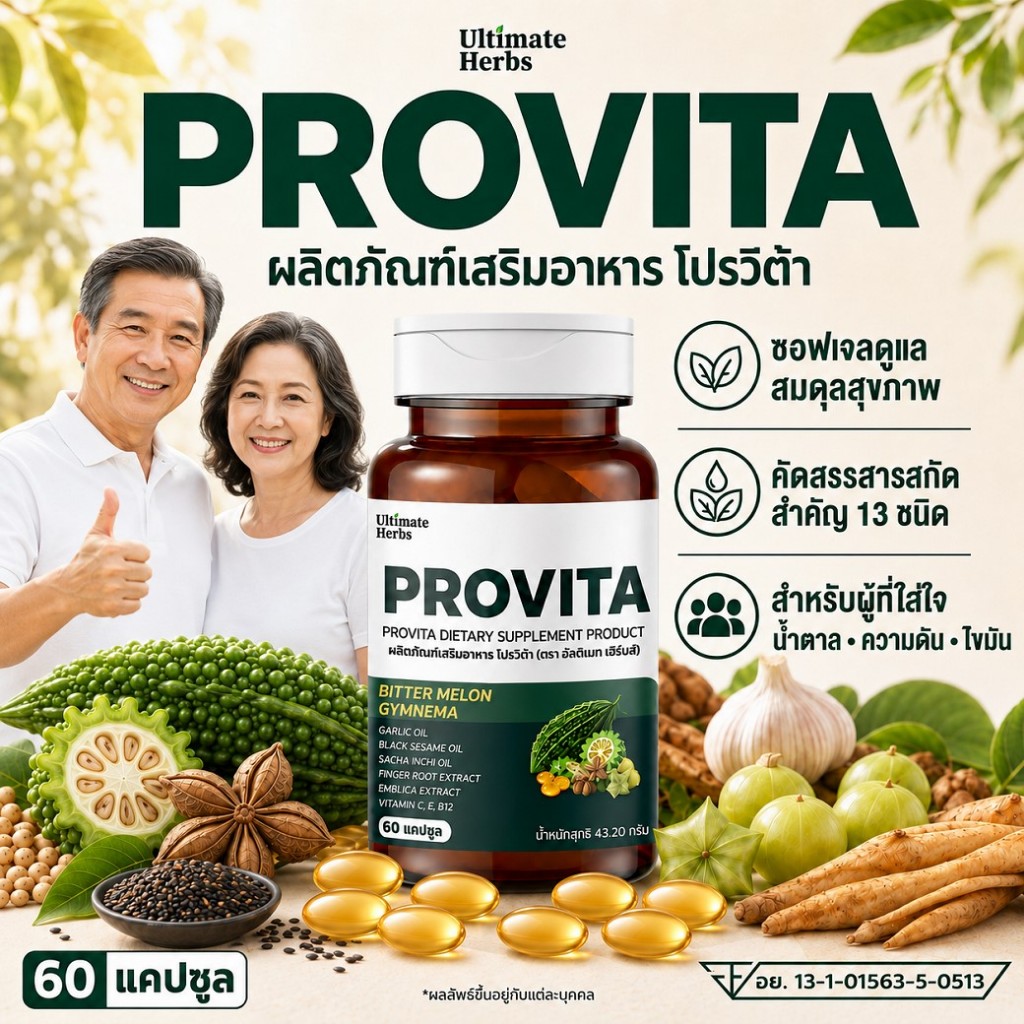 โปรวีต้า ซอฟเจลลดน้ำตาล สารสกัดผักเชียงดา มะระขี้นก ดูแลความดัน เบาหวาน ไขมัน น้ำตาลในเลือดสูง