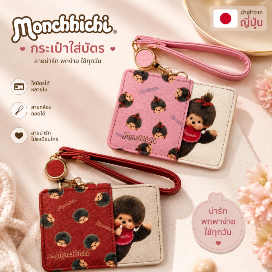 🌈🇯🇵 พร้อมส่งค่ะ! Monchhichi กระเป๋าใส่บัตร สีชมพู พร้อมสายคล้องยืดหดได้ ใส่บัตรหลายใบ น่ารักมาก