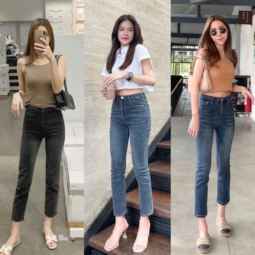 BLUEDA - กางเกงยีนส์เอวสูง ขากระบอกเล็ก ผ้ายืด ผ้านิ่ม ใส่สบาย เก็บทรงเป๊ะ เข้ารูปสวยมาก