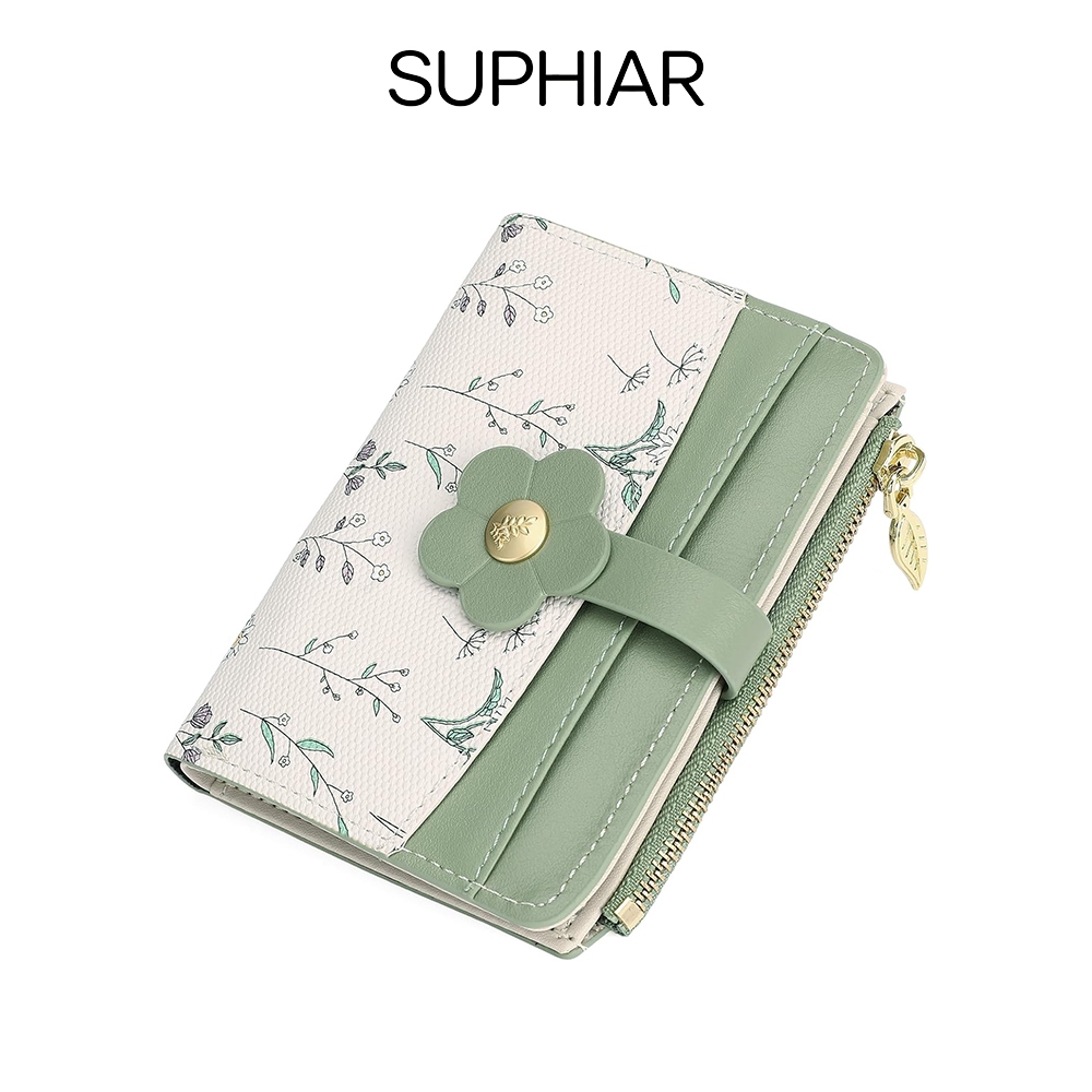 SUPHIAR กระเป๋าสตางค์ผู้หญิง ลายดอกไม้เล็ก กระเป๋าใส่บัตร RFID หลายช่อง กระเป๋าเหรียญ หนัง PU แฟชั่น