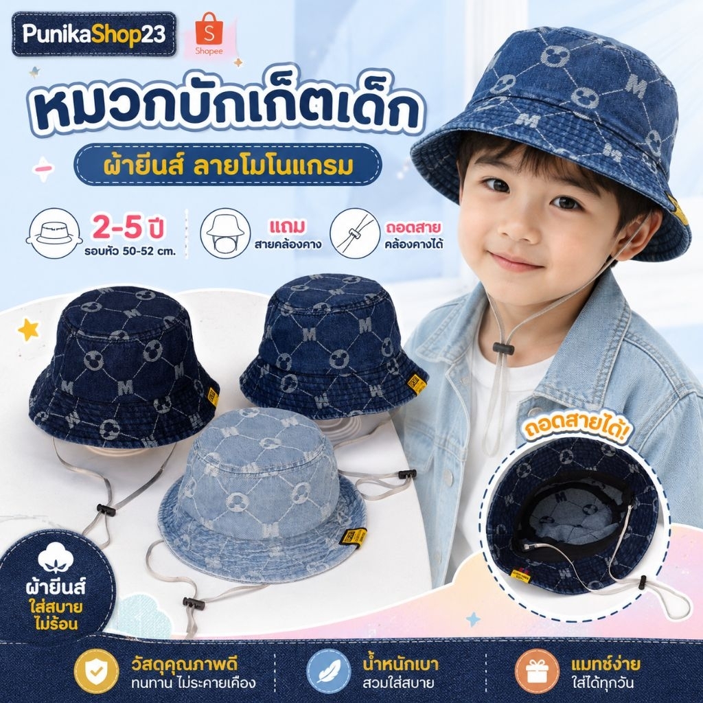 [พร้อมส่ง] หมวกเด็ก 2-5 ปี รอบหัว50-52cm หมวกบักเก็ตเด็กผ้ายีนส์ ลายโมโนแกรม แถมสายคล้องคาง หมวกกันแดดเด็ก ถอดสายได้