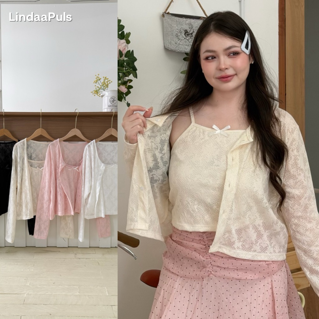 LindaaPlus--𝑨𝒊𝒌𝒐 𝑺𝒆𝒕 🩵 เสื้อสายเดี่ยวพร้อมซับใน + เสื้อคลุมผ้าลูกไม้ยืด สาวอวบอ้วนใส่ได้ แยกชิ้นได้ แต่งตัวสนุกแน่นอน