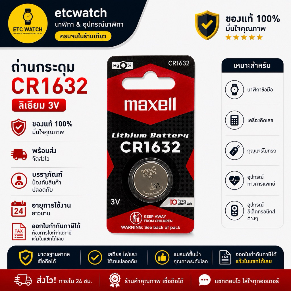 พร้อมส่ง> ถ่านกระดุม Maxell CR1632 แพ็ค 1 ก้อน แท้ 100% ของแท้จะต้องสกรีนเลขล็อตผลิตที่ถ่าน