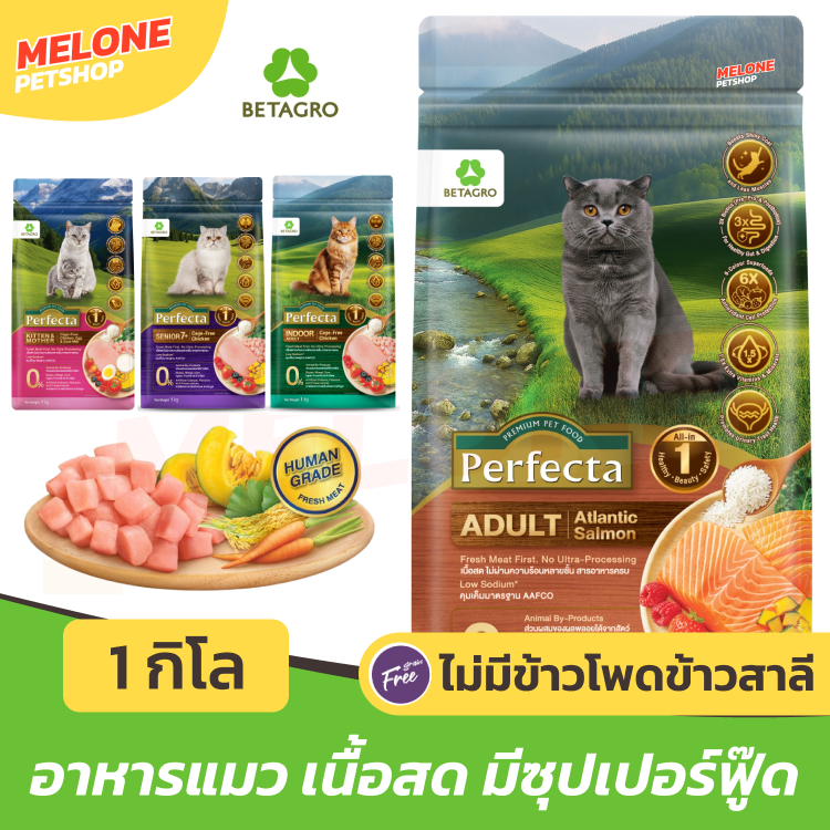 [ถุงใหม่ 1 กิโล] Perfecta อาหารแมว เพอร์เฟ็คต้า แมวโต ลูกแมว แมวแก่ แมวสูงวัย 7 ปี บำรุงขน สูตร ทูน่า แซลมอน ไก่