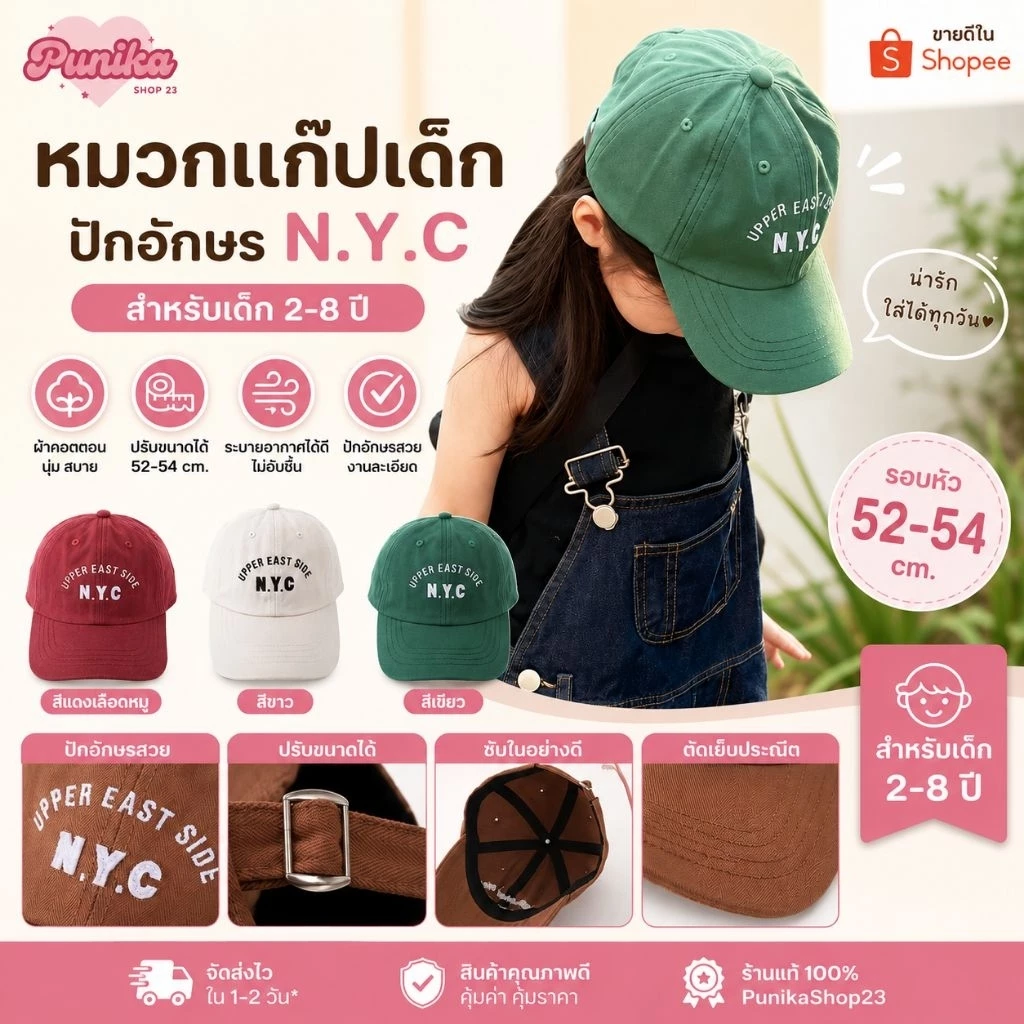 [พร้อมส่ง] หมวกเด็ก 2ปี-8ปี รอบหัว:52-54 cm. หมวกแก๊ป (Cap) ปักอักษร N.Y.C ปรับขนาดได้
