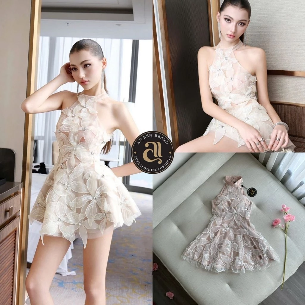 Aileen มินิเดรสสั้นคอปีนแขนกุด ดีไซน์หรูด้วยงานดอกไม้ 3D สีดำขนาดเล็กใหญ่สลับกันติดแน่นทั้งตัว