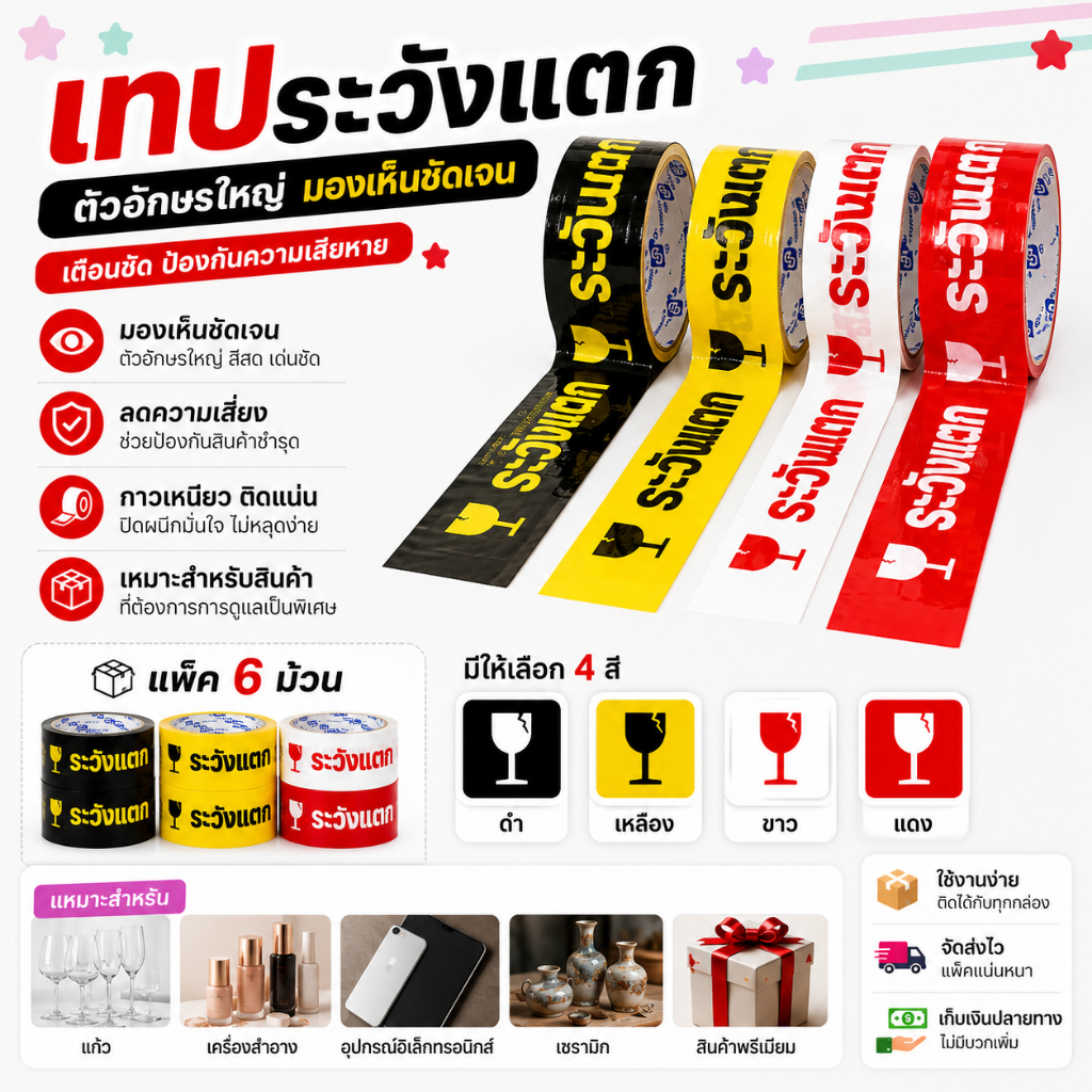 แพ็ค6 เทปกาว ระวังแตก 100หลา/45หลา เทปปิดกล่อง