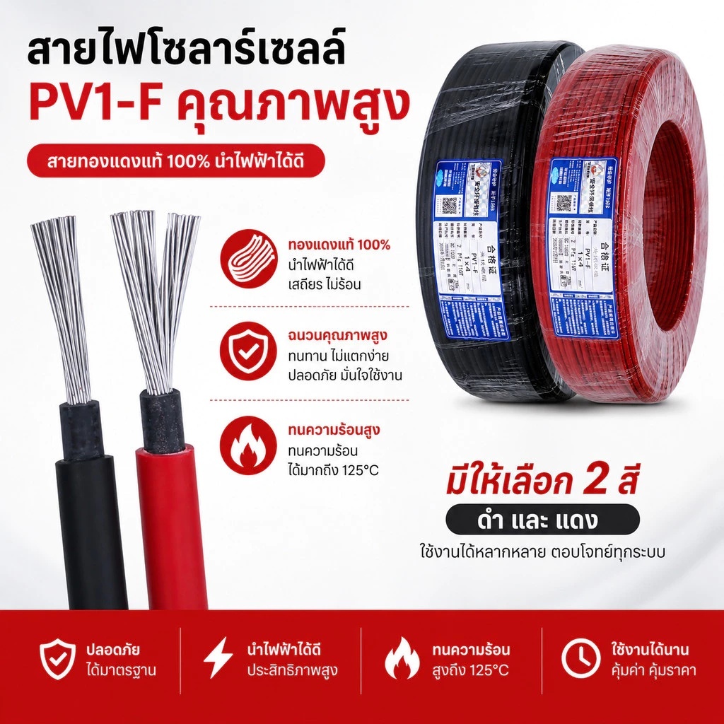 สายไฟโซล่าเซลล์ Solar cable PV 1 ขนาด 4mm แบบยกม้วน