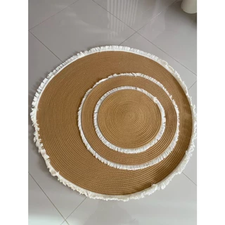 พรมกลมสีกากีขอบขาว 40cm 60cm 100cm พรมปูพื้นกลม เชือกฝ้าย พรมมินิมอลสไตล์ Muji พรมตกแต่งห้อง ขอบพู่ พรมปูห้องนั่งเล่น ห้