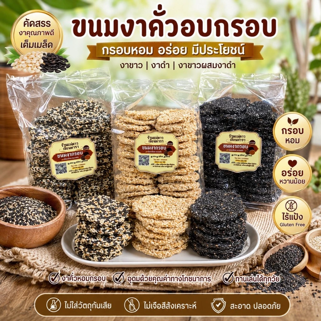ขนมงาล้วนอบกรอบน้ำตาลโตนดไม่เหนียวไม่แข็งไม่ติดฟันขนาด500กรัม