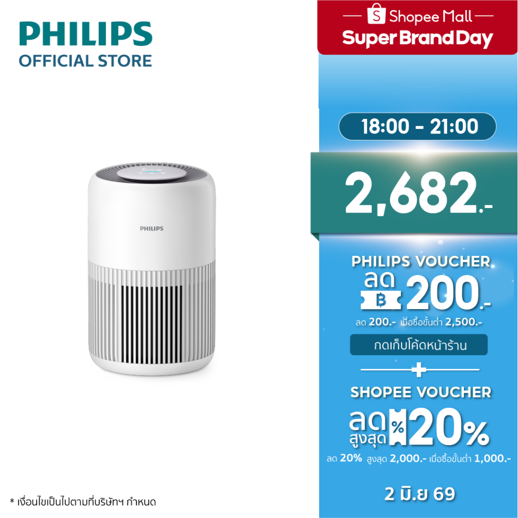 Philips AC0920/10 เครื่องฟอก อากาศ Air Purifier สำหรับห้องไม่เกิน 65 ตรม. CADR 250 ลบ.ม./ชม. รับประกัน 2 ปี