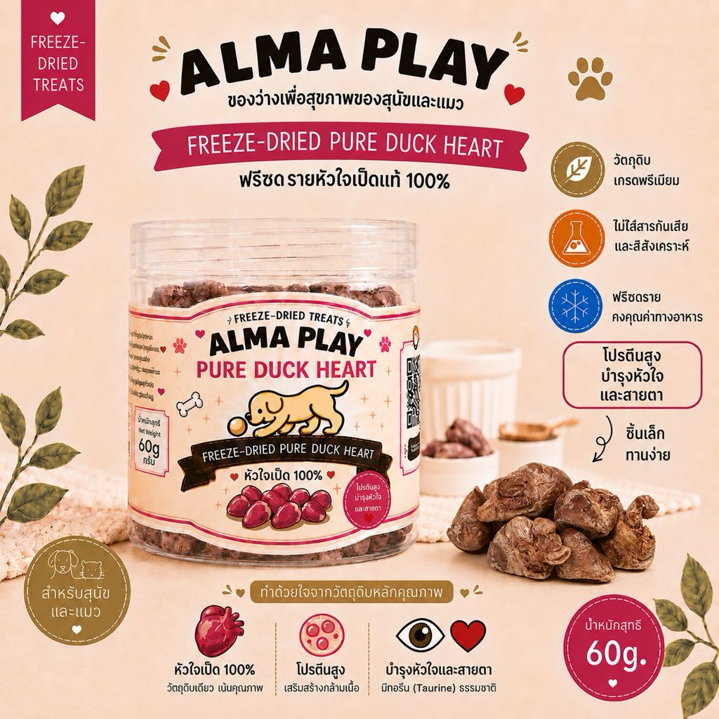 หัวใจเป็ดฟรีซดรายขนมสุนัขและแมวหัวใจเป็ดฟรีซดราย ALMA PLAY - Pure Duck Heart ขนาด 60g