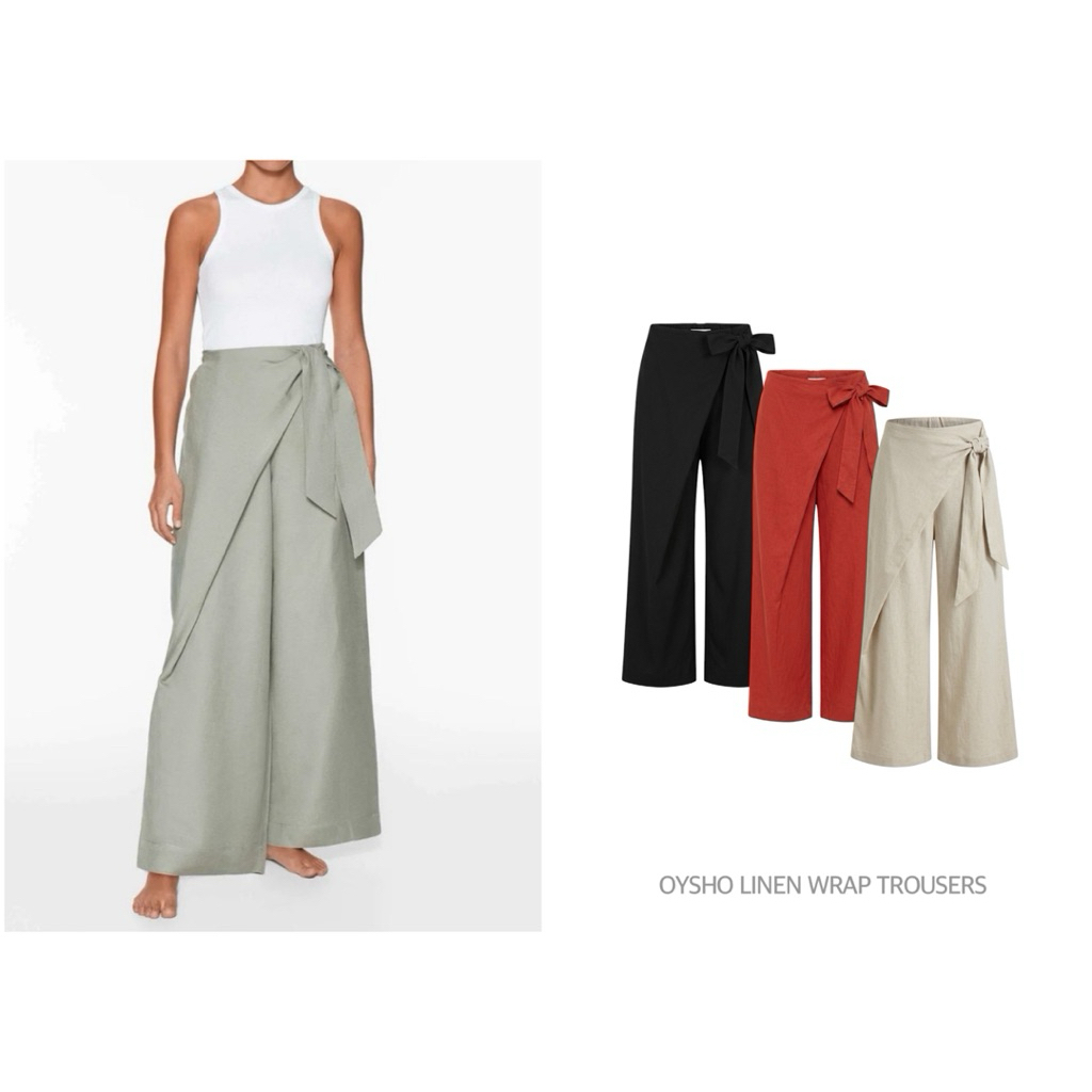OYSHO กางเกงผ้าลินิน ทรงขากว้าง เอวสูง LINEN WRAP TROUSERS  (A0704)