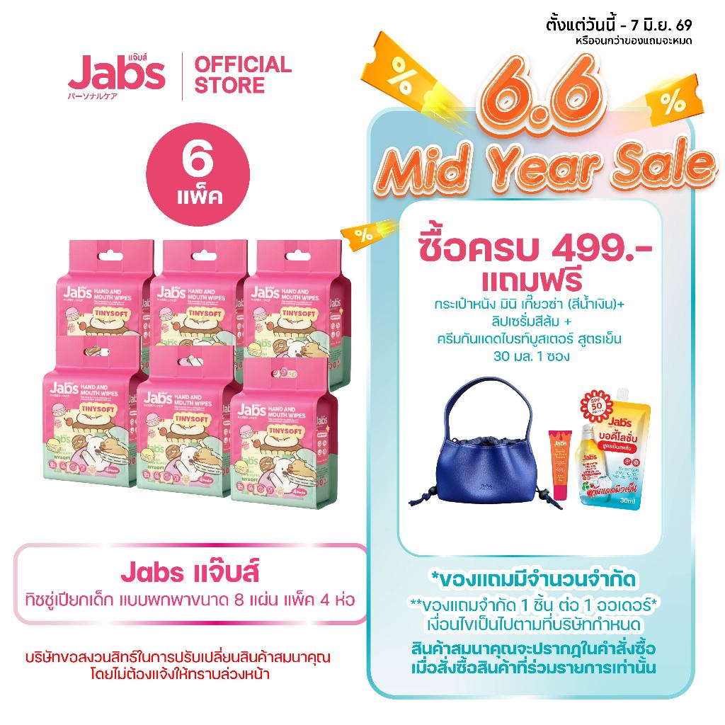 Jabs Hand & Mouth Wipes Tinysoft ทิชชู่เปียกเด็ก ขนาดพกพา 8 แผ่น แพ็ค4 x6 แพ็ค