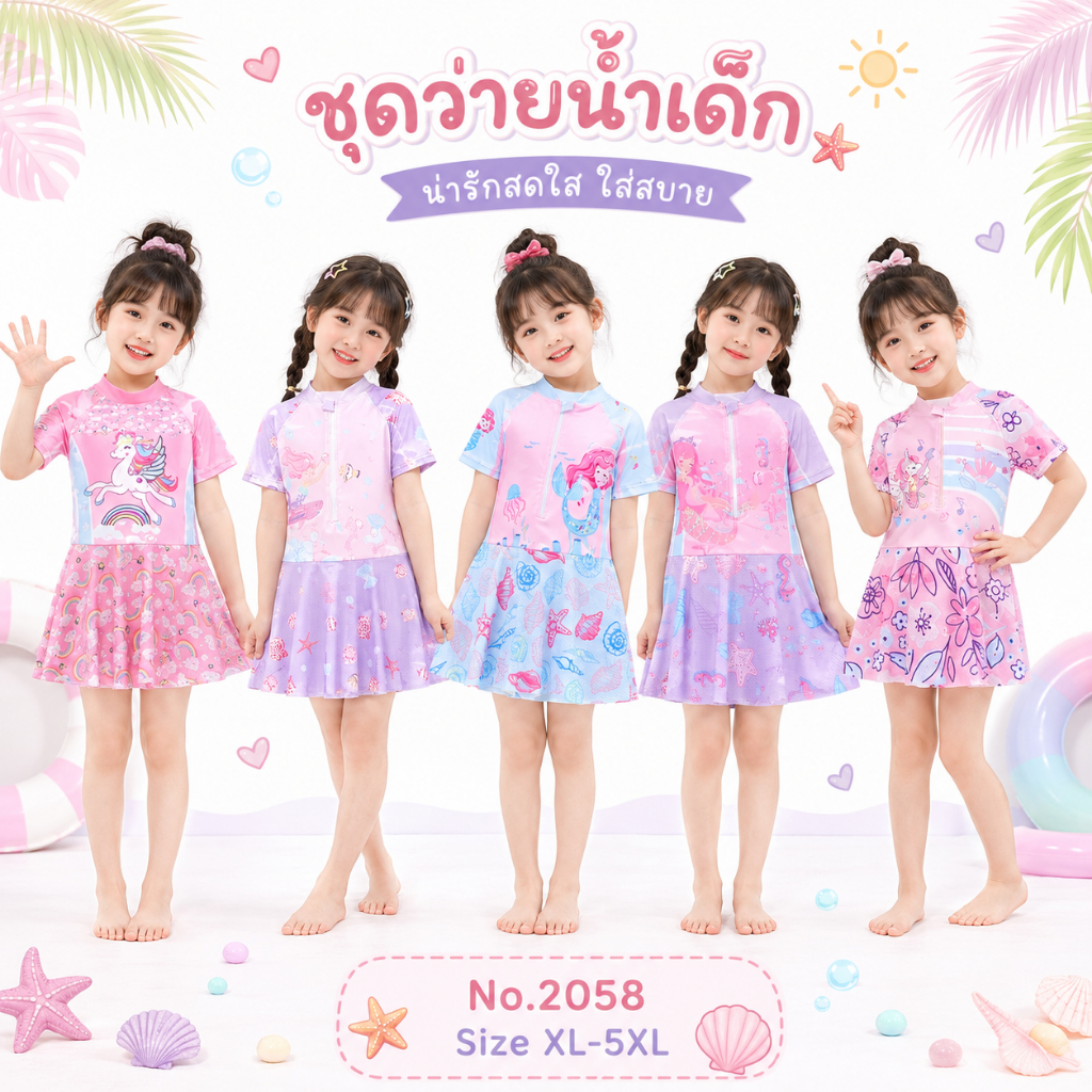 ⭐พร้อมส่ง Summer Story ชุดว่ายน้ำเด็ก รุ่น 2058 ชุดว่ายน้ำเด็กผู้หญิงแขนสั้นกระโปรง ด้านในมีกางเกง
