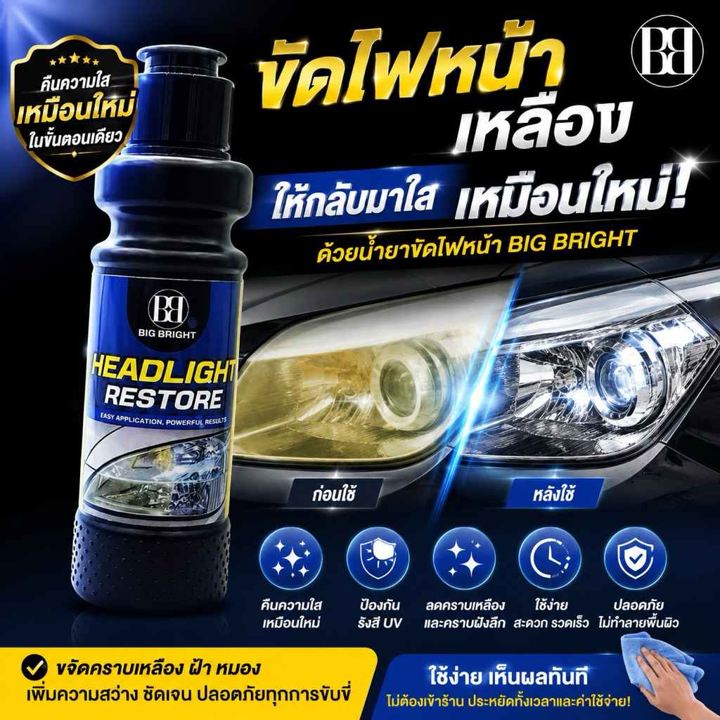 Big Bright Headlight Restore น้ำยาเช็ด แก้ไขไฟหน้าเหลือง แก้ไฟหน้าเหลือง ไฟหน้ารถเหลือง (ใสนาน 1 ปี)