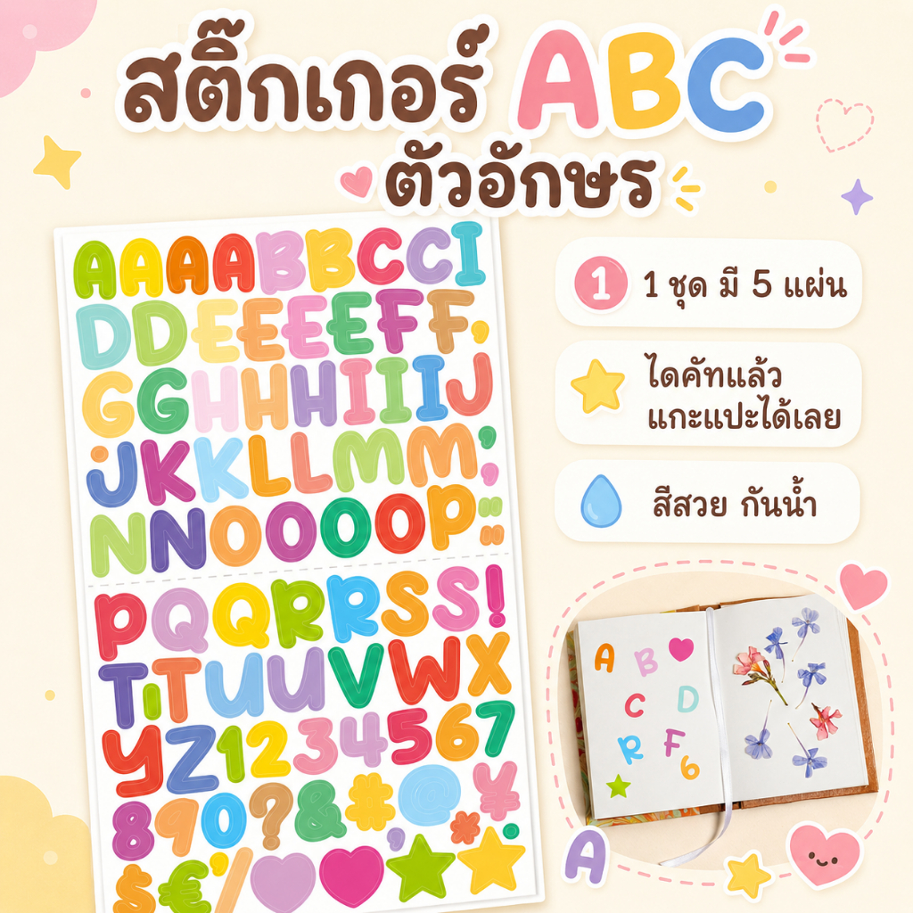 สติ๊กเกอร์ ABC 5 แผ่น ตัวอักษร สติ๊กเกอร์ชื่อ สำหรับตกแต่งสมุด แปะสิ่งของ กันน้ำ