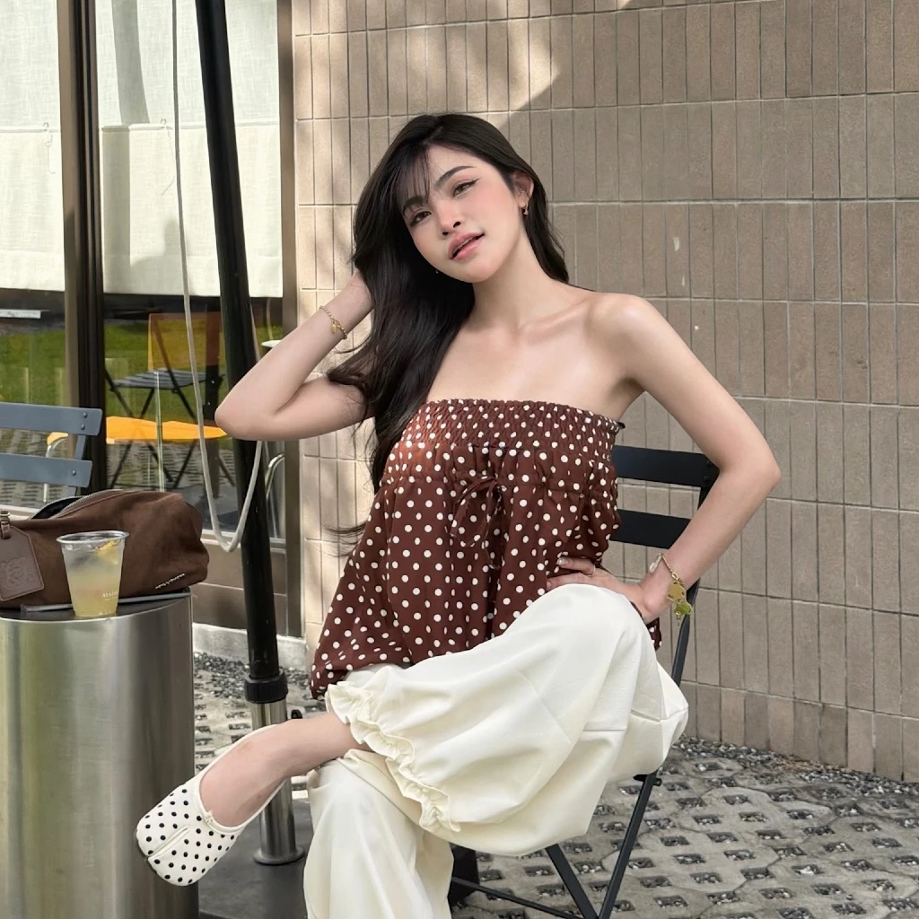 Benzbunny - (2 size) Mocha Dot Set ชุดเซ็ตโพก้าดอตผ้านิ่ง กางเกงทรงจินนี่ น่ารัก ใส่สบาย แนวสาวเวียดนาม #5041