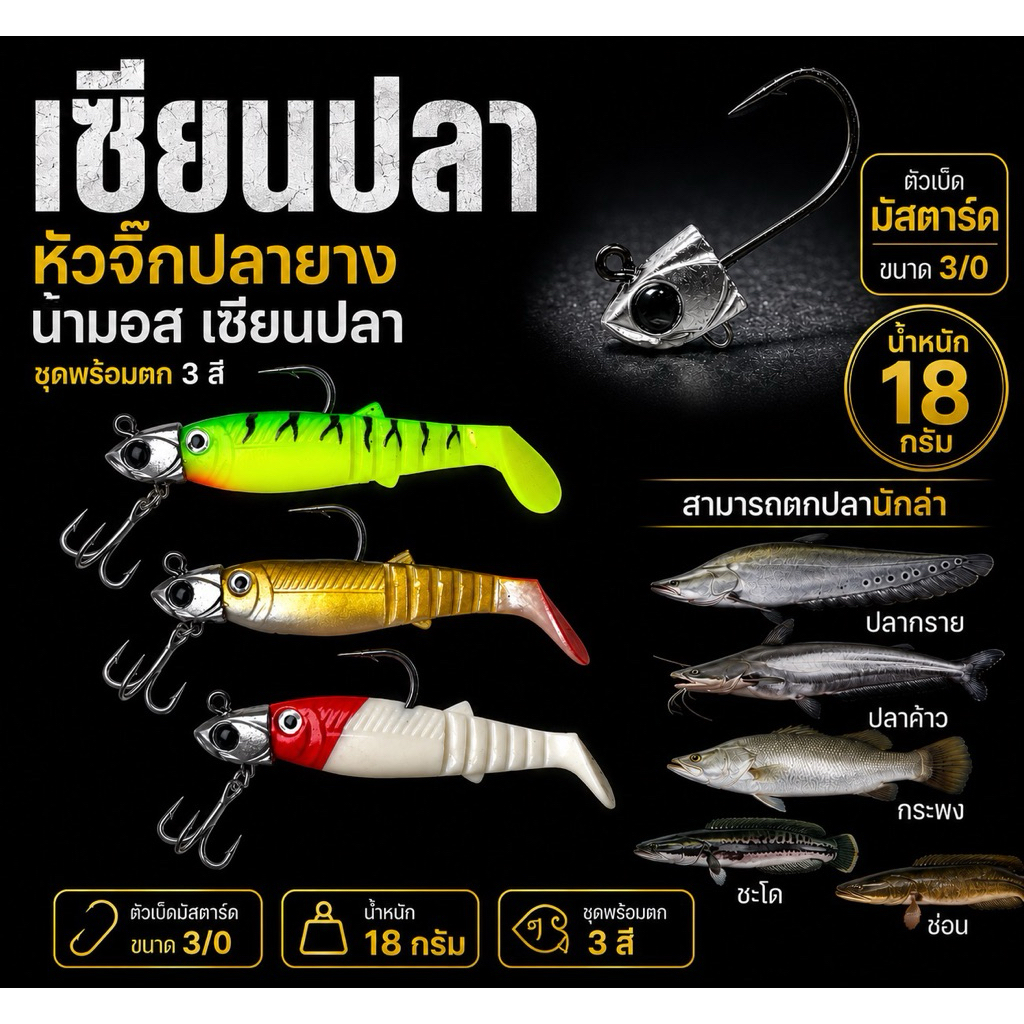 หัวจิ๊กปลายางชุด 3 ตัวพร้อมตก19g   ปลากราย