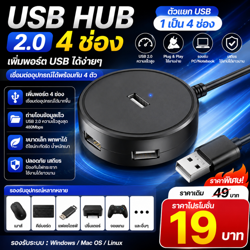 USB HUB 4 Port USB 2.0 ตัวแยก USB 1 ออก 4 ช่อง ความเร็วสูง ใช้งานง่าย รองรับ Windows Mac Notebook PC