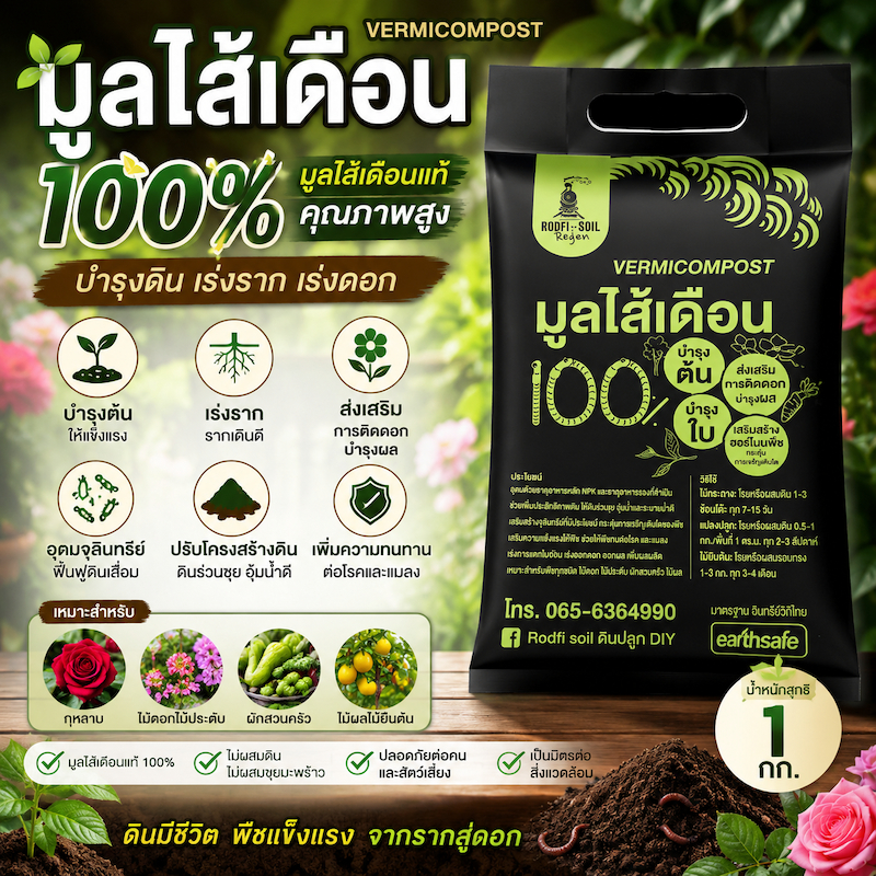 มูลไส้เดือนแท้ 1กก.คุณภาพสูง อุดมจุลินทรีย์และธาตุอาหารธรรมชาติ ดินมีชีวิต พืชแข็งแรงจากรากสู่ดอก