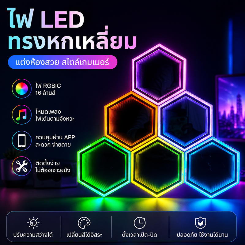 สุดคุ้มจัดหนัก! ไฟรังผึ้งติดผนัง LED หกเหลี่ยม มีให้เลือก 4 ขนาดแพ็ค 3/6/10/12 ชิ้น เปลี่ยนสีได้ 16 ล้านสี พร้อมรีโมท