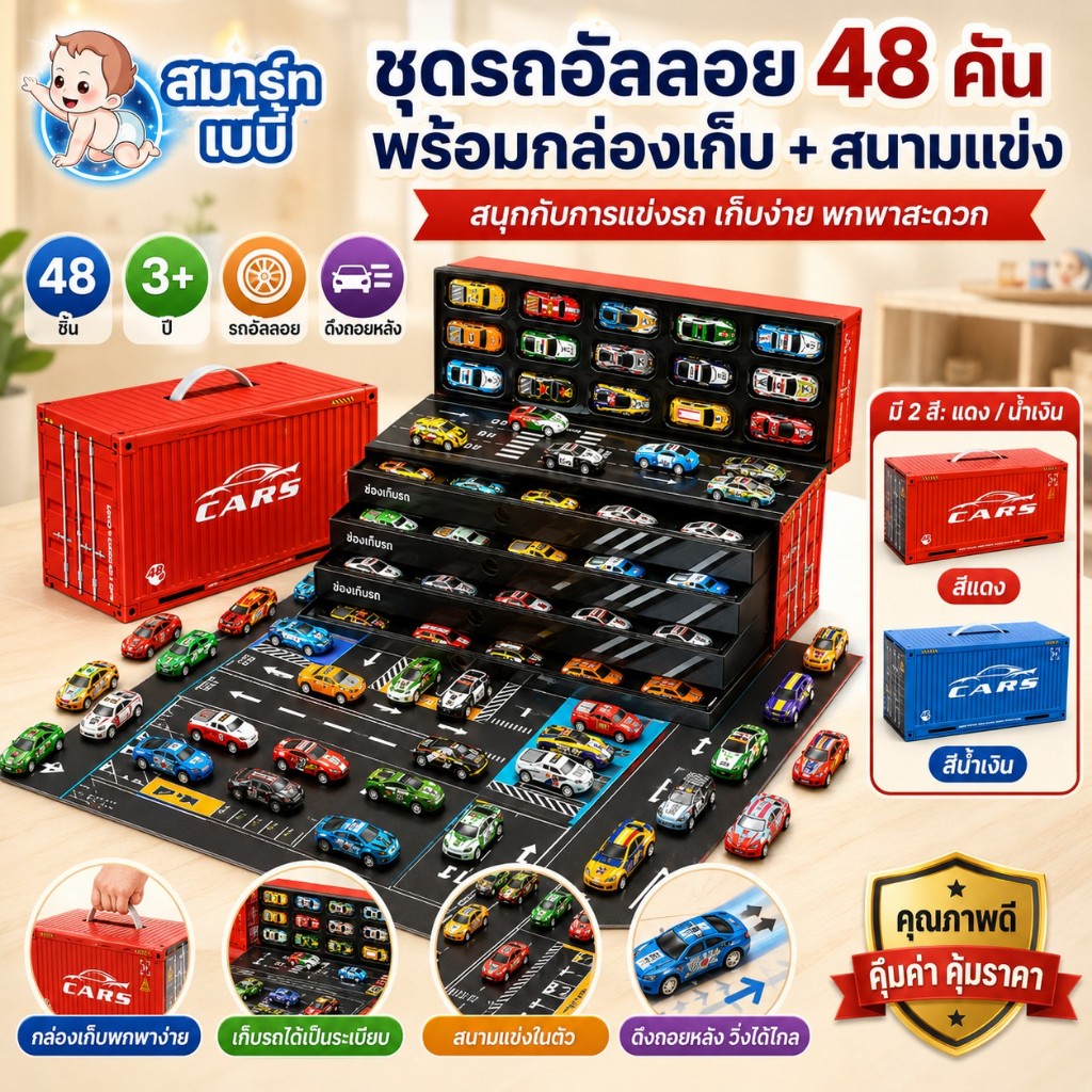 รถซิ่งคันจิ๋ว ยกกล่อง 48 คัน โมเดลรถซิ่ง รถไขลาน โมเดลรถของเล่น ของขวัญปีใหม่สำหรับเด็กๆ มาพร้อมแผ่นลานจอด