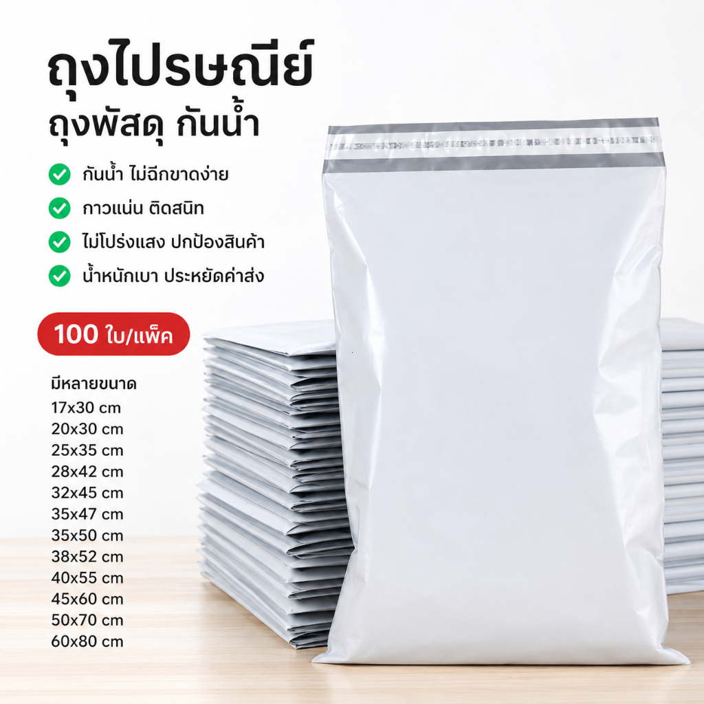 ถุงไปรษณีย์ ถุงพัสดุ ซองพัสดุ กันน้ำ ราคาถูก พร้อมส่ง 100ใบ/แพ็ค หลายขนาด