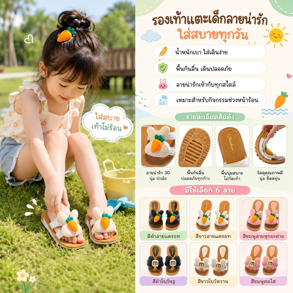 กระต่ายแครอทรูปแบบสาวฤดูร้อนรองเท้าแตะนุ่มลื่นยืดหยุ่นแต่เพียงผู้เดียว🥕 24-35 หลา🎀