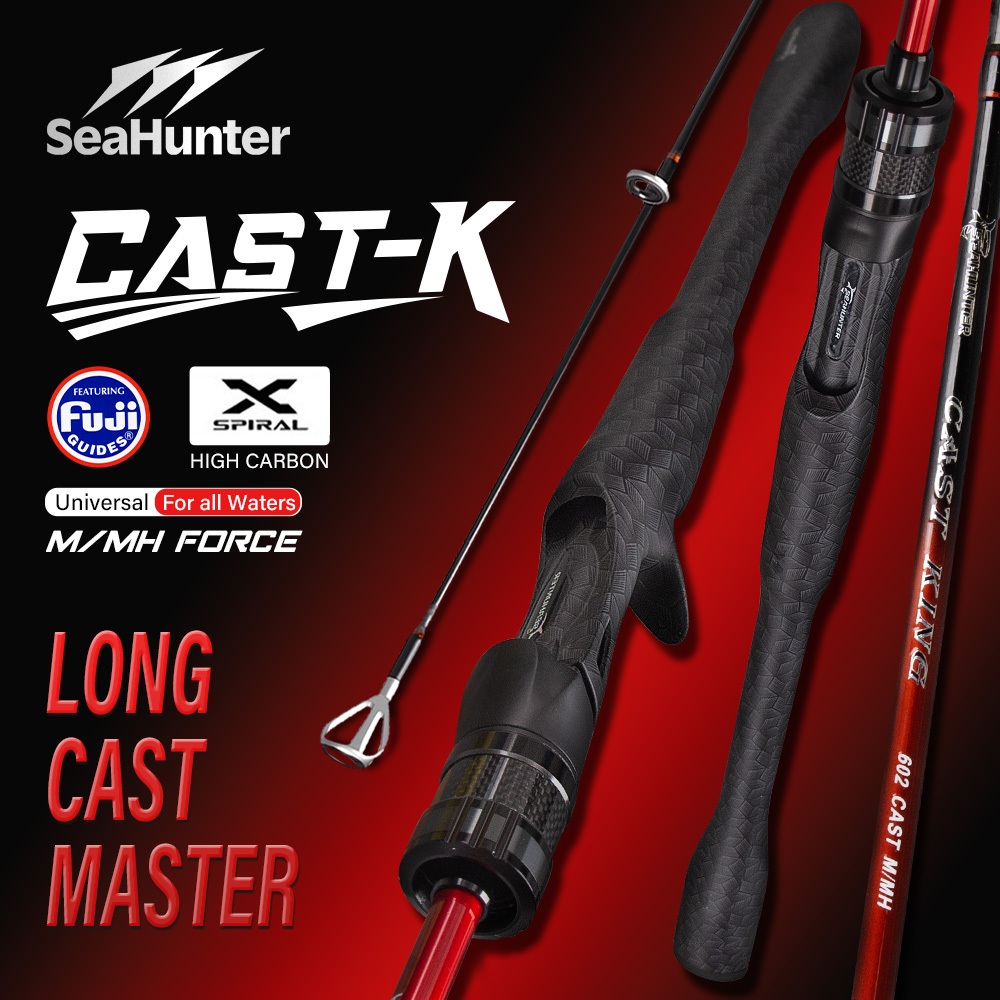 SeaHunter CAST-KING คันตกปลา มีวงแหวนนำสาย FUJI O Ring สำหรับขว้างไกล 1.8M/1.98M ทำจากผงคาร์บอนผสม 30T + 24T แบบคันกลวง
