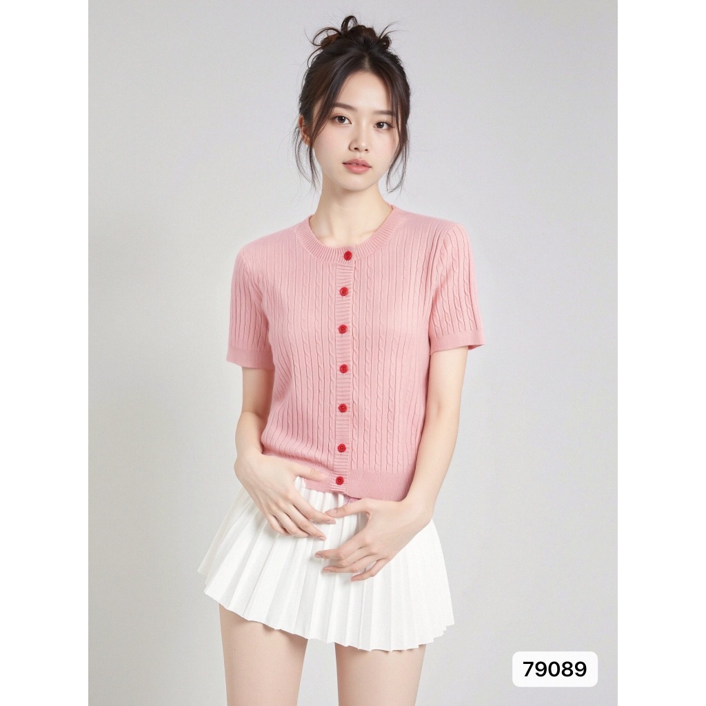 เสื้อไหมพรมถักแขนสั้นคอกลมสไตล์เกาหลีเรโทรสีพื้น ทรงเข้ารูป กระดุมแถวเดียว สำหรับผู้หญิง