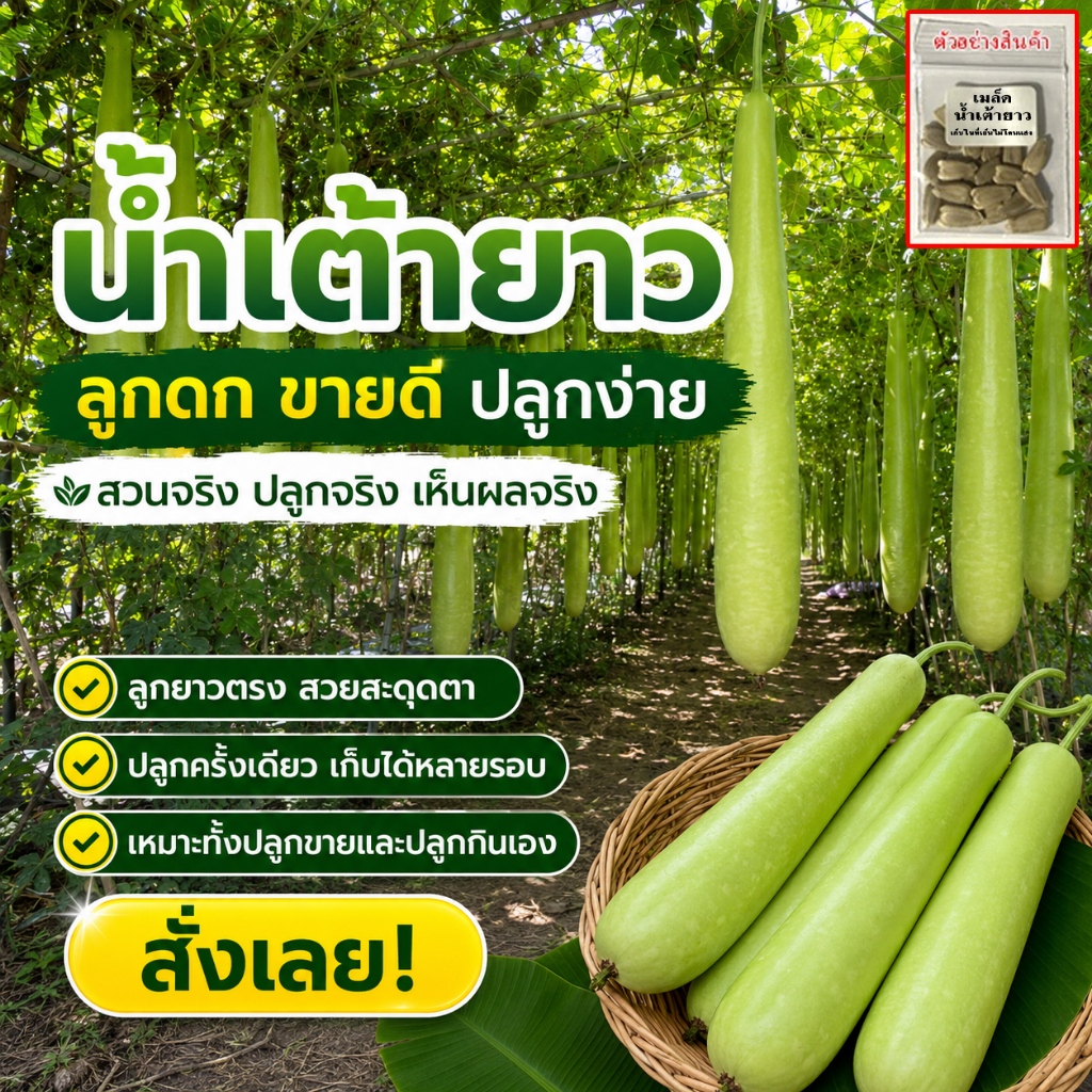 น้ำเต้ายาว เมล็ดพันธุ์ 9-20 เมล็ด ลูกทรงยาวสวย เหมาะปลูกขึ้นค้าง (ซื้อ 10 แถม 1 คละได้)