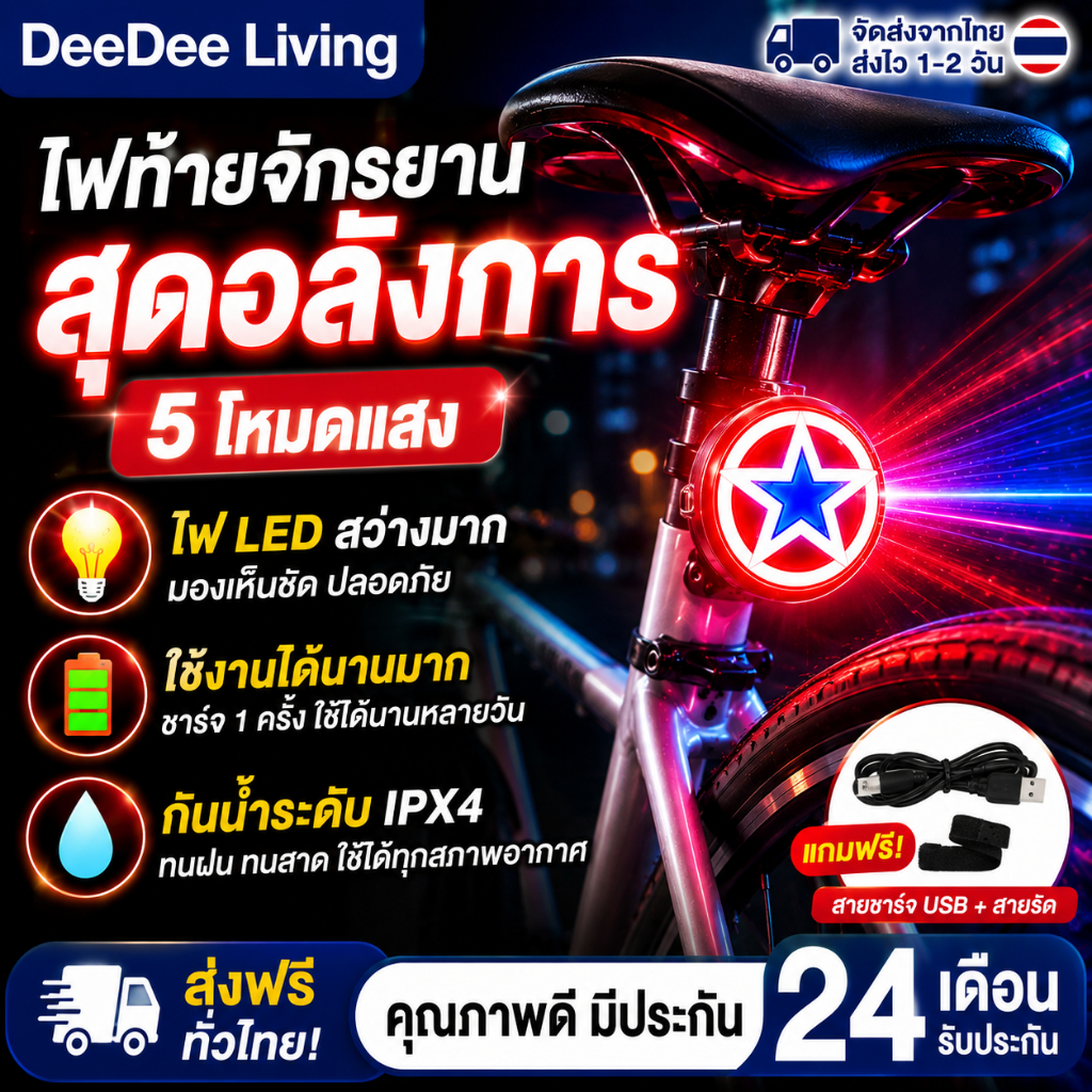 DeeDee ไฟท้ายจักรยานอัจฉริยะเปิด ไฟท้ายจักรยาน IPX6 กันน้ํา ไฟเตือน 5 โหมด Type-C แบบชาร์จไฟได้ LED รูปกบ อุปกรณ์เสริม