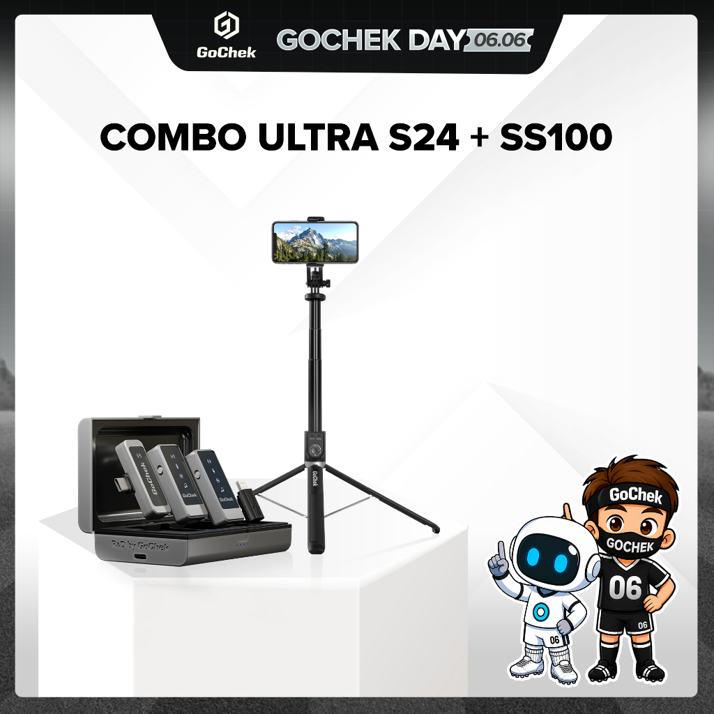 คอมโบไมค์ไร้สาย GoChek S24 + ไม้เซลฟี่ tripod/ขาตั้งกล้อง คอมโบอเนกประสงค์ เหมาะสำหรับไลฟ์สด ถ่ายวิดีโอ บันทึกเสียง